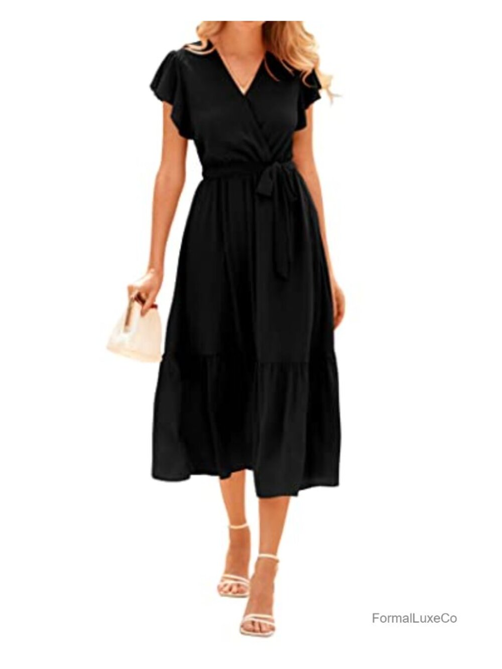 Women's Summer Casual Wrap V Neck Ruffle Cap Sleeve Belted Midi Dress